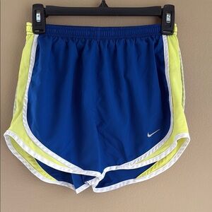 Nike Blue and Yellow Athletic Shorts with Curved Hem